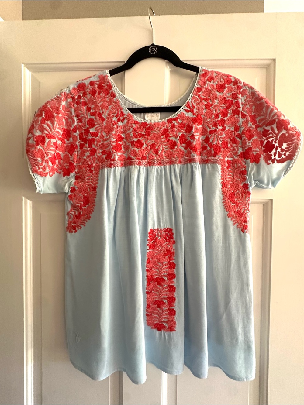 J Marie Embroidered Cotton Top - Light Blue with Coral & Red Floral Embroidery